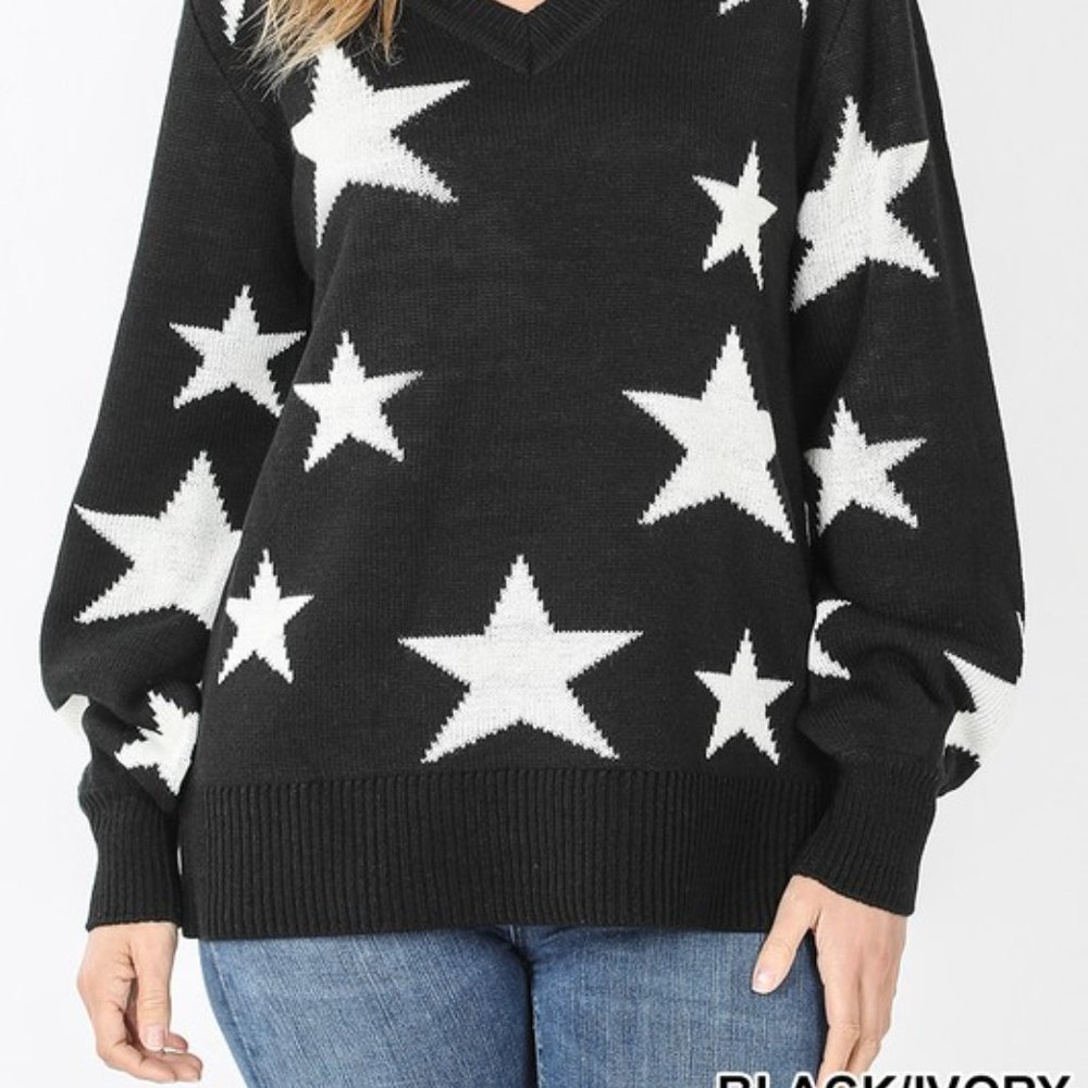 Casual Star Pattern V Neck Knit Sweater - Picture 3 of 5